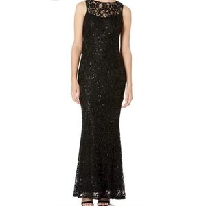 MARINA Sequin Lace Maxi‎ Gown Formal SZ 12 NWT Sleeveless Illusion Dress Black